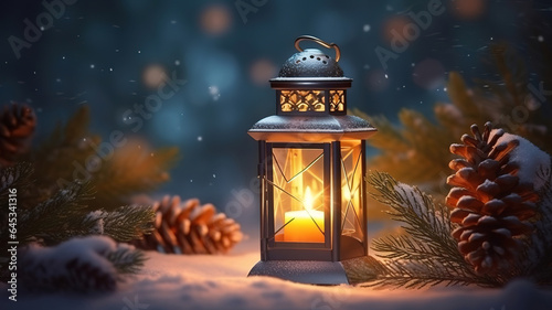 Christmas lantern with fir branch and decoration on snowy table defocused background. Generative Ai © hassanmim2021