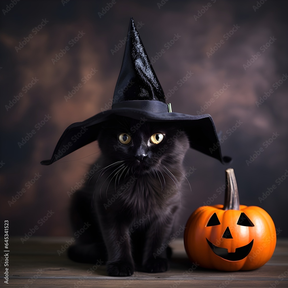 Black cat in Halloween surrounded by jack o lanterns, wearing a witches hat. Black cat in Halloween surrounded by jack o lanterns, wearing a witches hat.