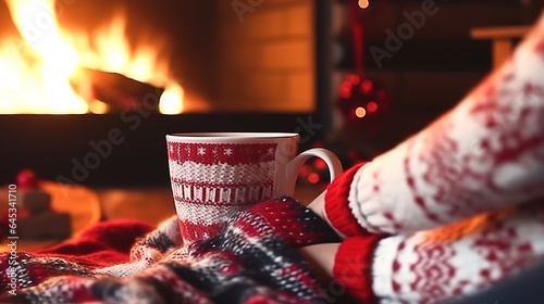 Feet in woollen socks by the Christmas fireplace, Woman relaxes by warm fire. Generative Ai