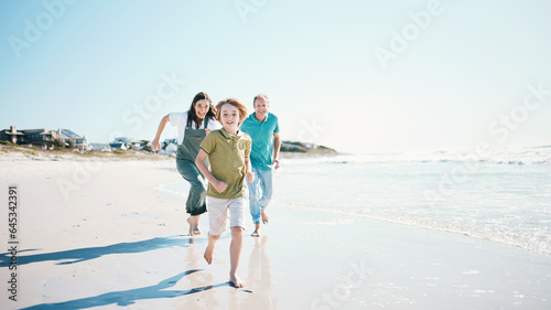 Running, travel and happy with family on beach for energy, freedom and summer vacation. Love, relax and adventure with people playing on seaside holiday for health, bonding and games together