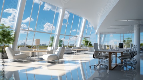 Interior of empty open space office in modern building. Glossy floor, large desks, office chairs, chillout area. Floor-to-ceiling windows with city view. Mockup, 3D rendering. © Georgii