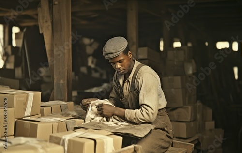 African American worker making boxes in packing house