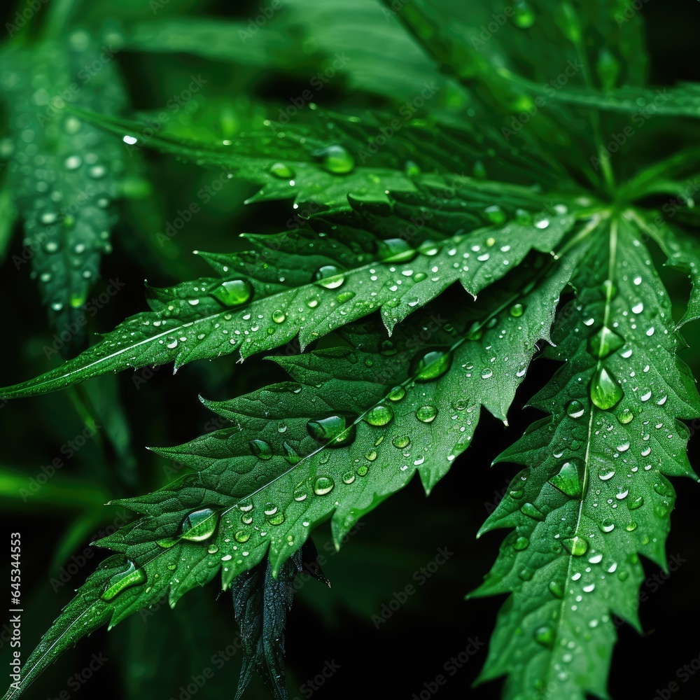 Marijuana leaves with water droplets closeup - generative AI Marijuana leaves with water droplets closeup - generative AI