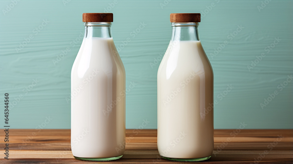 A wooden table adorned with a bottle and glass of milk against a soft pastel backdrop, perfect for advertising. A wooden table adorned with a bottle and glass of milk against a soft pastel backdrop, perfect for advertising.