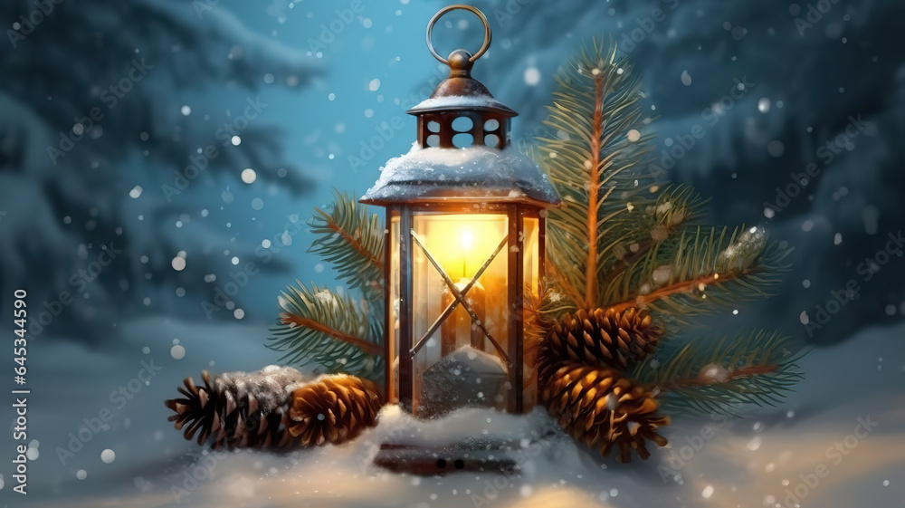 Snowy Lantern With Fir Branches And Baubles Christmas Card. Generative Ai Snowy Lantern With Fir Branches And Baubles Christmas Card. Generative Ai
