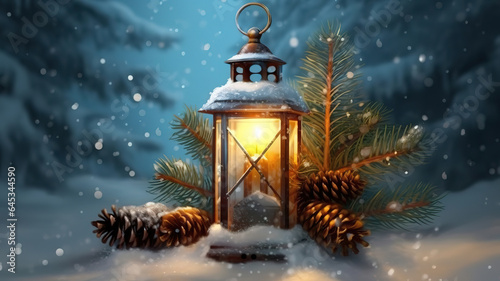 Snowy Lantern With Fir Branches And Baubles Christmas Card. Generative Ai
