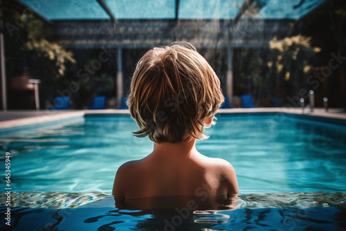 Vue de dos d un jeune gar  on dans une piscine    IA g  n  rative