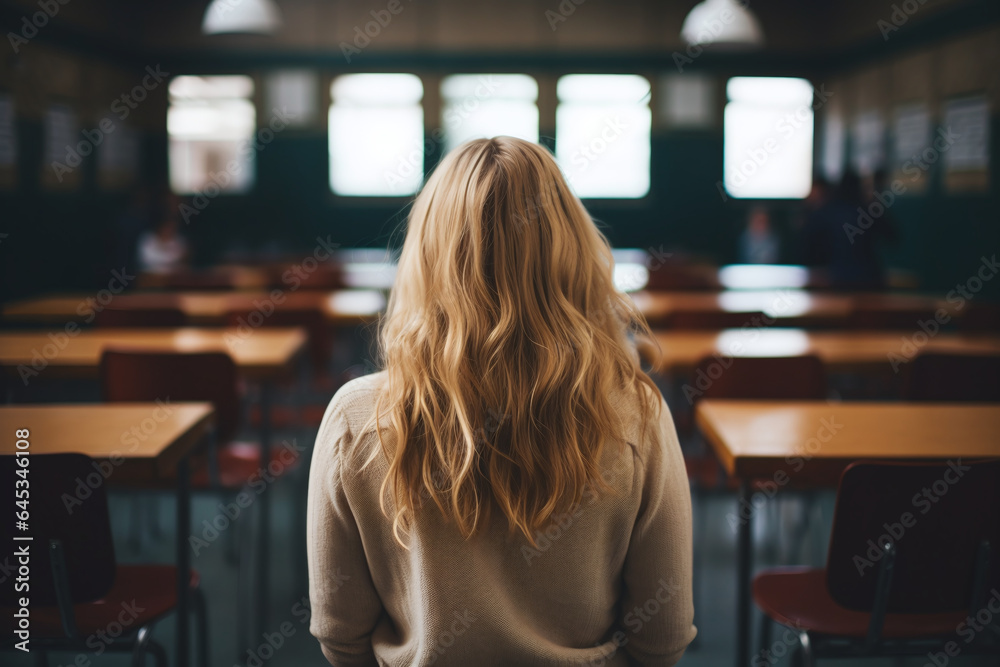 Vue de dos d'une étudiante blonde dans une salle de classe » IA générative