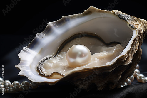 Gros plan sur une perle en nacre dans une huître sur fond noir » IA générative photo