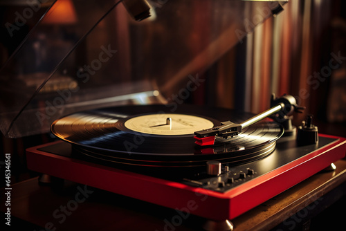 Tourne disque vintage rouge avec vinyle » IA générative photo