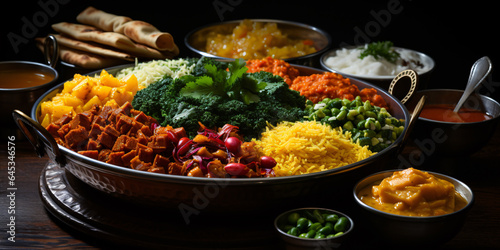 Assorted Indian cuisine, featuring appetizers and dishes like curry, butter chicken, rice, lentils, paneer, samosa, naan, chutney, and spices