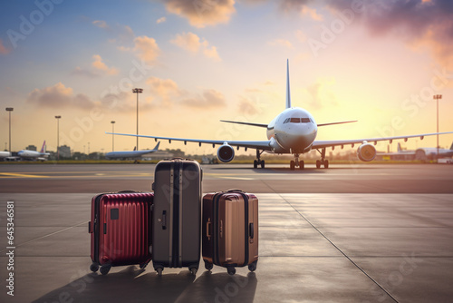 Valises devant un avion dans un aéroport » IA générative photo