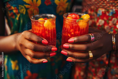 Fototapeta Naklejka Na Ścianę i Meble -  Deux africaines tenant des cocktails de fruits » IA générative