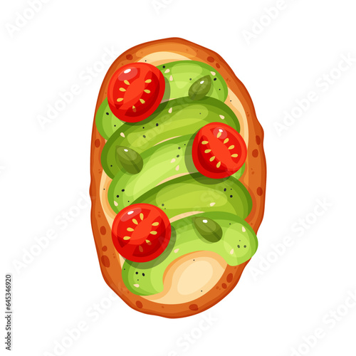 Vegan toast, with avocado slices and tomato slices, on a slice of bread, vector illustration on white background