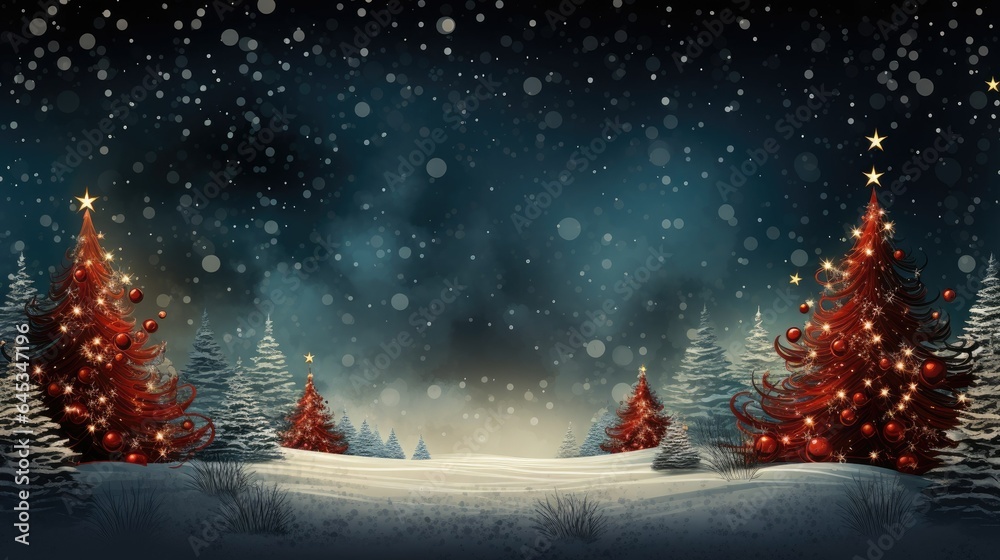 Winter landscape with red trees and snowflakes.  Blue Christmas background banner, ai generative