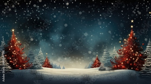 Winter landscape with red trees and snowflakes.  Blue Christmas background banner, ai generative © mariof