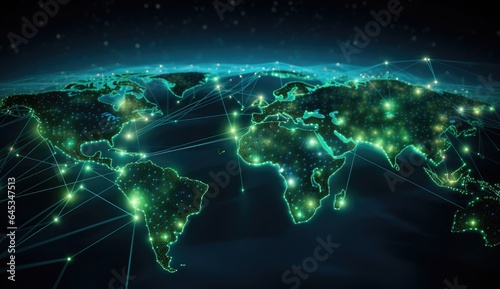 The city from far away was bright and full of high and low buildings. Reflections from rivers, seas, islands, world maps, cables telecommunications network.
