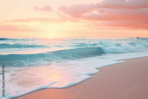 Sunset Beach with Pink and Turquoise Hues: White Sand and Ocean Waves - Generative AI