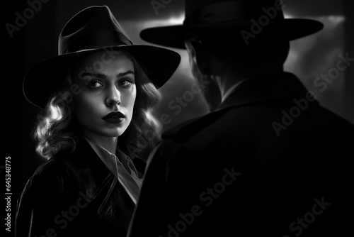 Man and woman wearing a hat and a coat characterized as a classic detective or gangster look. Noir movie, portrait of 40s detectives. photo