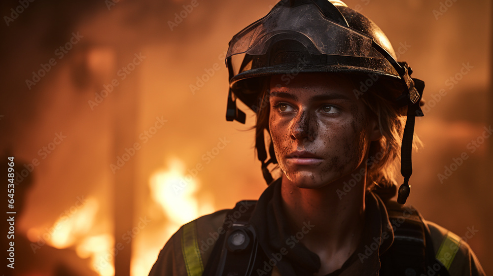 A determined young firefighter bravely battling flames and saving lives in the midst of a challenging emergency