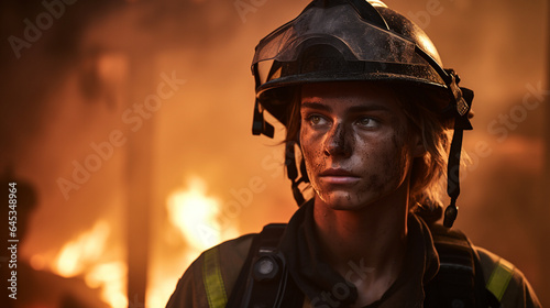 A determined young firefighter bravely battling flames and saving lives in the midst of a challenging emergency