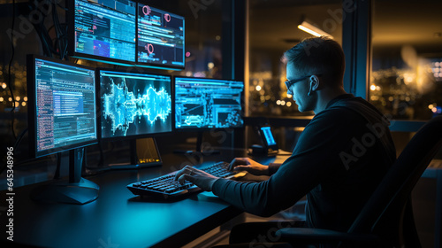 A skilled young IT specialist coding complex software solutions in a high-tech office, with multiple computer screens aglow