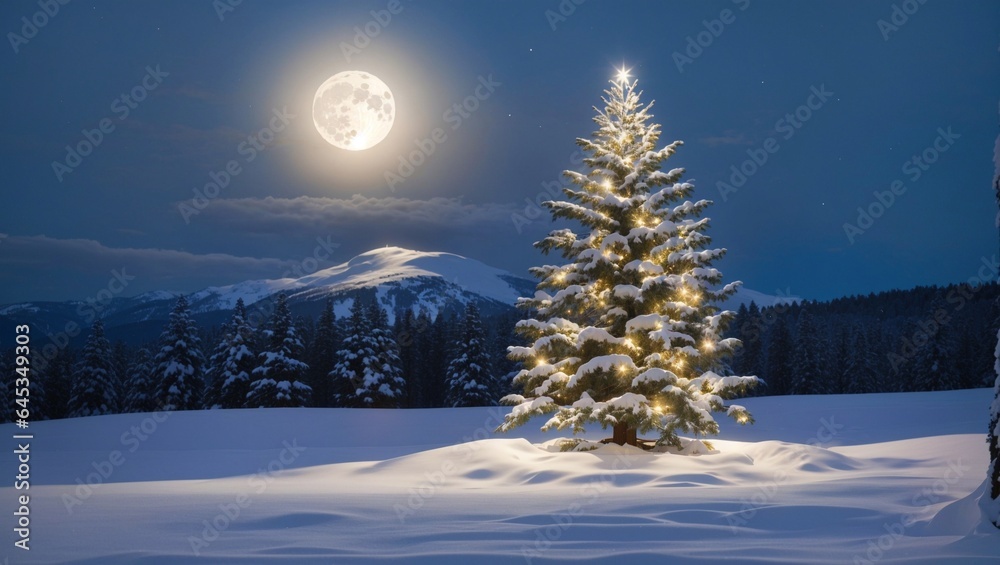 christmas tree in snow with huge moon