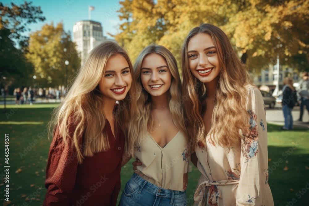 Obraz premium young university student girl friends enjoying sunny day in campus of university