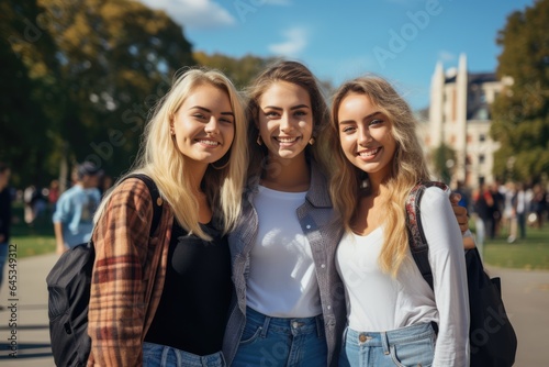 young university student girl friends enjoying sunny day in campus of university