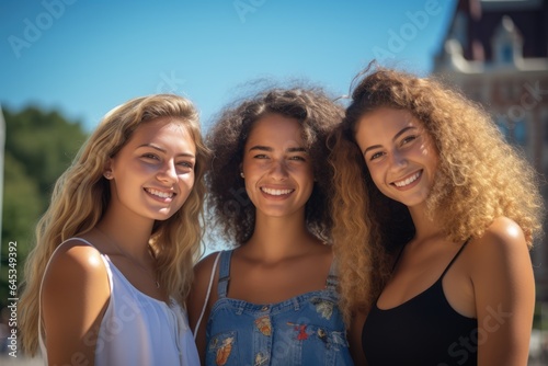 young university student girl friends enjoying sunny day in campus of university