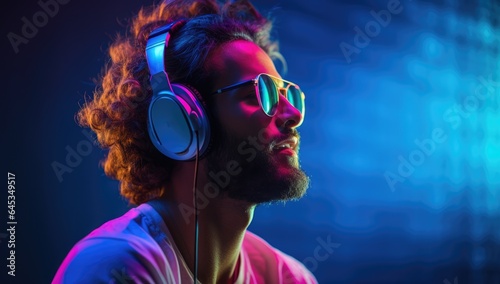 Modern and cool american man listening music on headphones with smiley and happy attitude on trendy color background