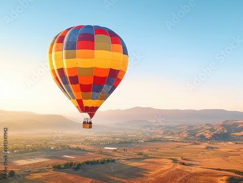 A hot air balloon floats above the ground in front of a blue sky background © evening_tao