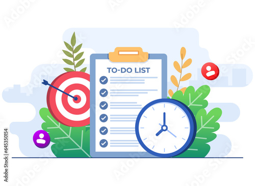 Checklist. Group of people and clipboard with checklist and checkmarks. Business plan, marketing strategy, survey, complete tasks, teamwork success concepts. Modern flat design. Vector illustration 