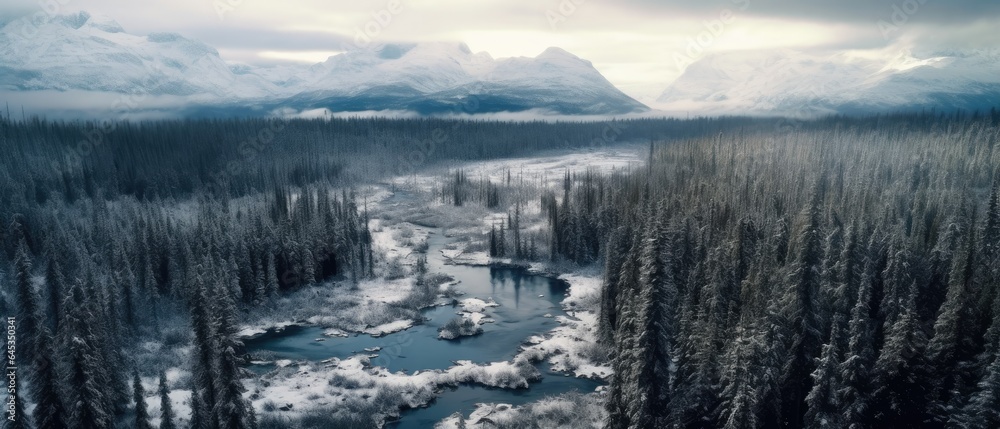 drone shot of a frozen lake surrounded by dense forests, the surface cracked with frost patterns, and distant snow-capped peaks 