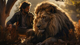 a man sits next to a lion