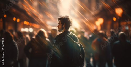 Crowd of people walking in the city at night. Blurred background. created by generative AI technology. © hakule