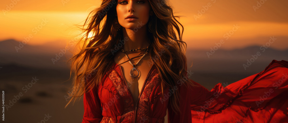 Beautiful woman in red dress on the beach at sunset. created by generative AI technology.