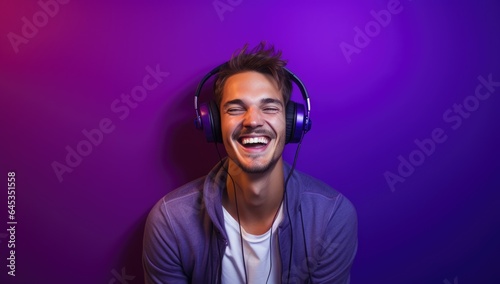 Modern and cool american man listening music on headphones with smiley and happy attitude on trendy color background photo