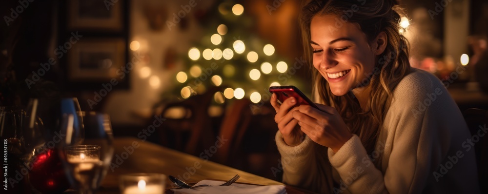 Photo of cheerful pretty lady enjoy phone conversation tell x-mas