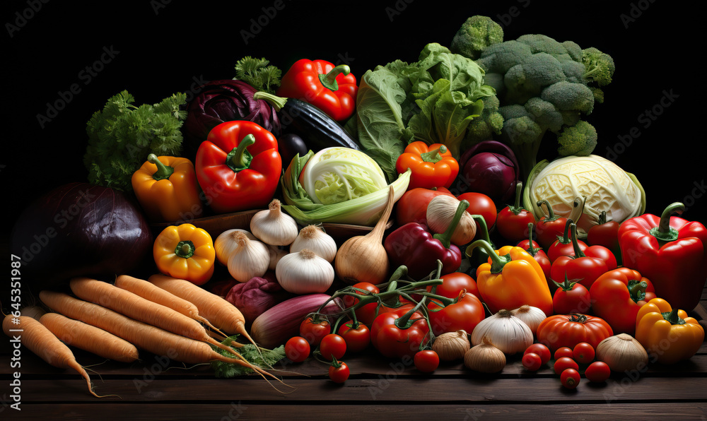 Various fresh organic vegetables on a dark bakground.