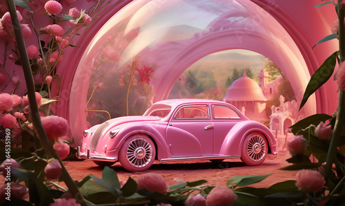 A pink car toy positioned in a setting that complements its playful nature