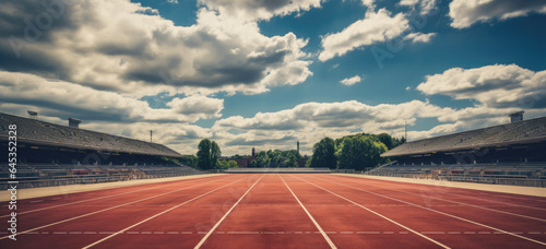 Athletics track and field with blue sky and white clouds. created by generative AI technology.