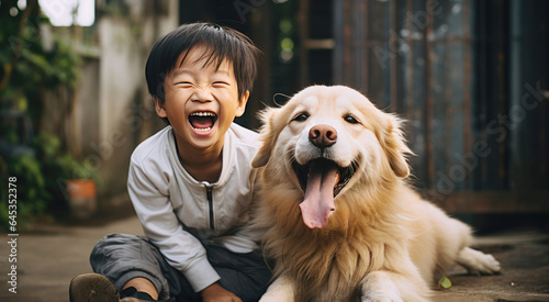 Happy asian boy playing with his dog in the park, lifestyle concept. created by generative AI technology.
