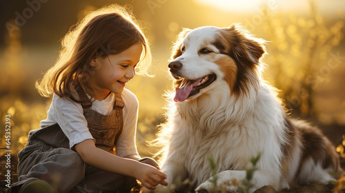 Little girl with her Australian Shepherd dog in the park at sunset. created by generative AI technology.