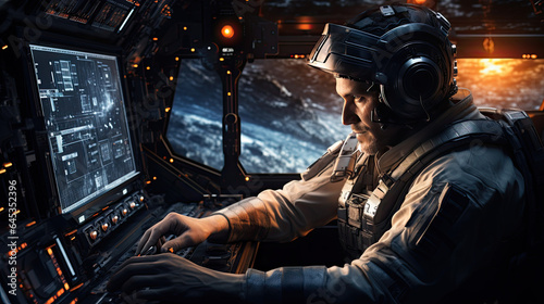an astronaut in the spaceship controls his aircraft © jr-art