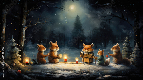 Fototapeta Naklejka Na Ścianę i Meble -  forest animals sit in the forest by candlelight and read books