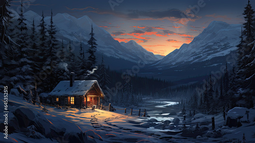A cozy house in the middle of the forest at night with mountains in the background © jr-art