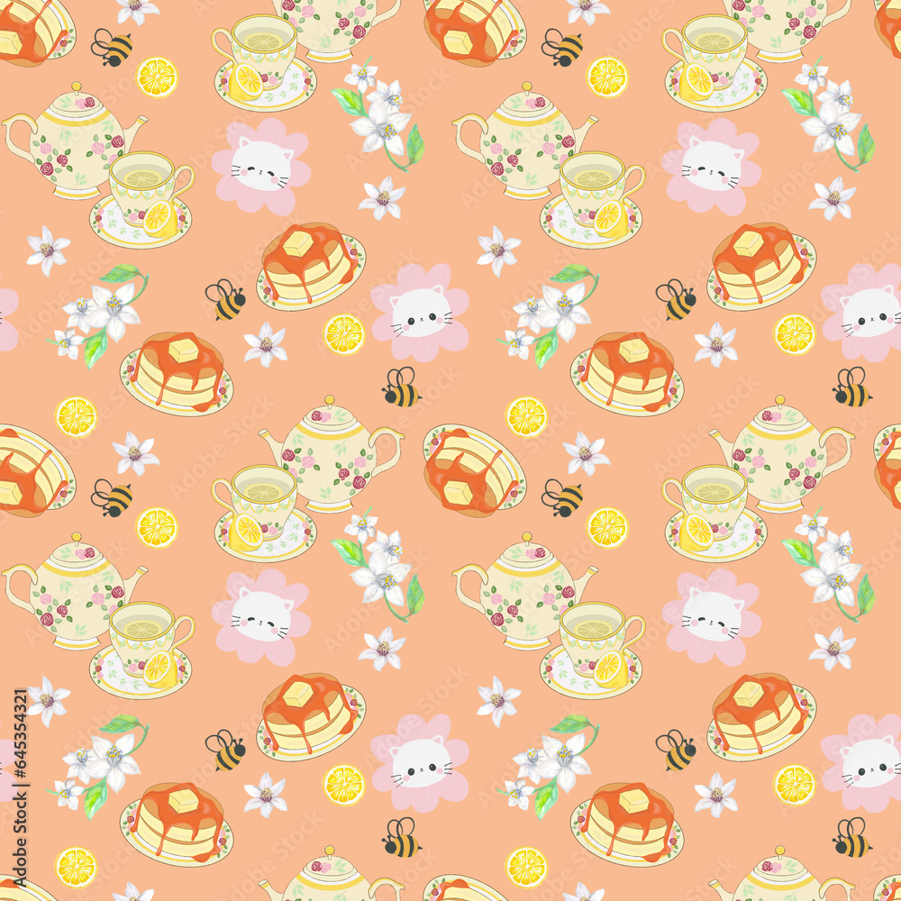 Cat and Cafe seamless pattern sweet bakery blossom botanical digital clipart