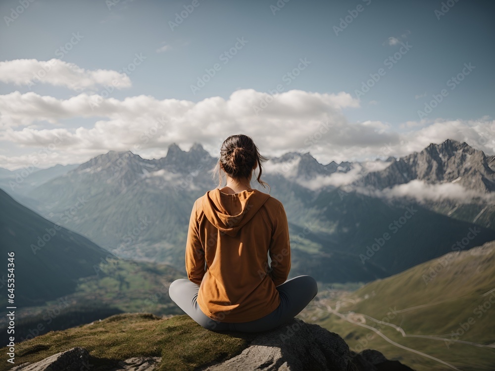 Back view of a woman sitting at the top of the mountain looking out at the view