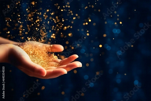 Kids hand with golden bokeh light particles. Holiday concept.